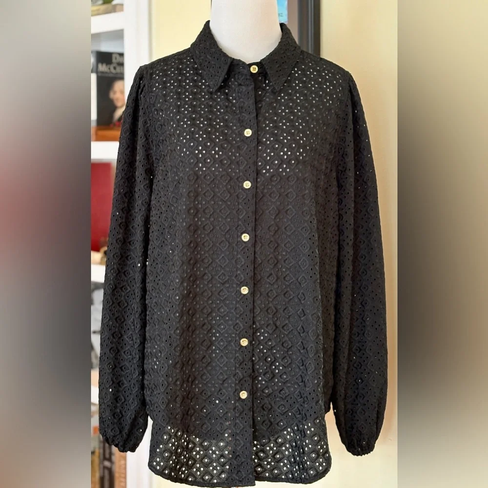 Lilly Pulitzer Top Black Sea Breeze Eyelet Long Sleeves Blouse SZ XL - Picture 3 of 8